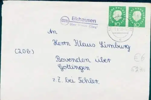 Landpoststempel (22b) Elkhausen Katzwinkel an der Sieg über Wissen auf Brief, 01.08.1959