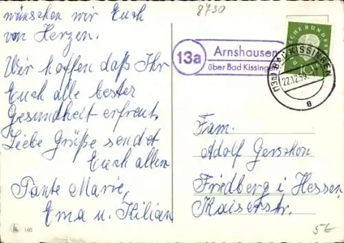 Landpoststempel (13a) Arnshausen Bad Kissingen Unterfranken Bayern auf Ansichtskarte, 22.12.59