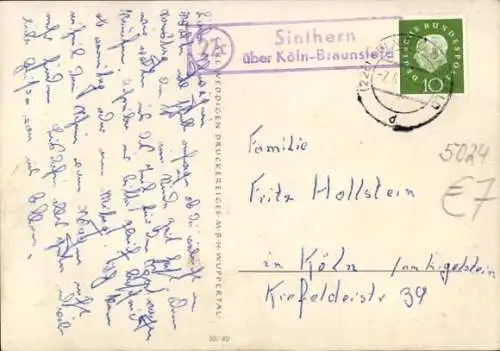 Landpoststempel (22c) Sinthern Pulheim über Köln - Braunsfeld auf Ansichtskarte, 7.06.1960