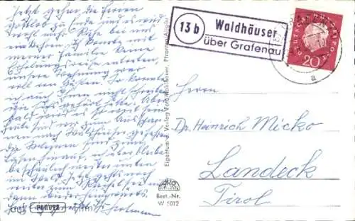 Landpoststempel (13b) Waldhäuser Neuschönau über Grafenau, 29.08.1959