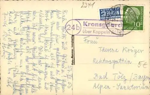 Landpoststempel (24b) Kronsgaard über Kappeln Schlei, Notopfer Berlin, 28.07.1955
