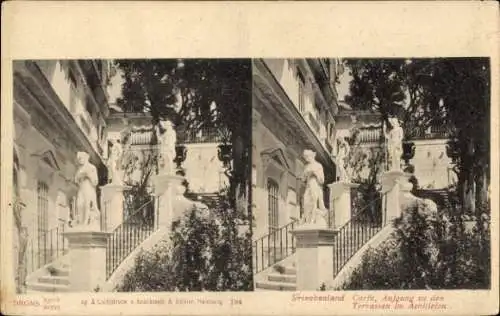 Stereo Ak Korfu Griechenland, Achilleion, Aufgang zu den Terrassen