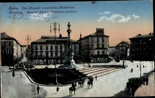 Ak Lwiw Lwów Lemberg Ukraine, Maryacki-Platz, Mickiewicz-Denkmal