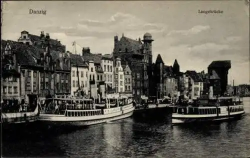 Ak Gdańsk Danzig, Langebrücke, Dampfer, Häuserfassaden, Krantor