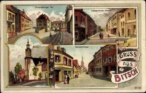 Litho Bitche Bitsch Lothringen Moselle, Saargemünder Straße, Herrenstraße, Kirche