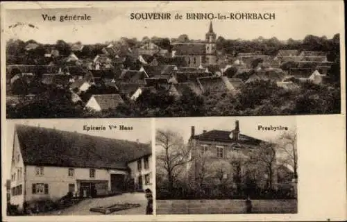 Ak Bining lès Rohrbach Lothringen Moselle, Vue generale, Epicerie Ve Haas, Presbytere