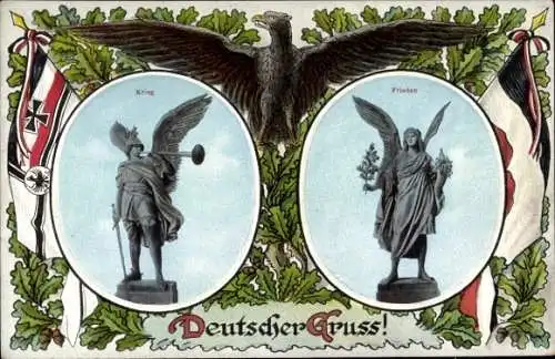 Ak Rüdesheim am Rhein, Figuren von Krieg und Frieden am Niederwald Nationaldenkmal