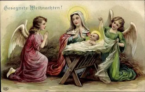 Präge Ak Glückwunsch Weihnachten, Engel, Jesus in der Krippe, Maria