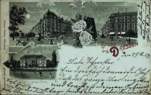 Mondschein Litho Dresden, Palast, Großherzoglicher Garten