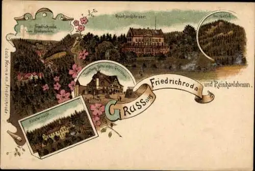 Litho Friedrichroda im Thüringer Wald, Reinhardsbrunn, Klostermühle, Inselberg Gothaisches Gasthaus