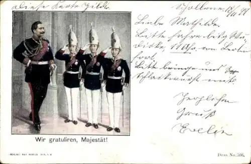 Ak Wir gratulieren, Majestät, Kaiser Wilhelm II., Jungen in Uniformen