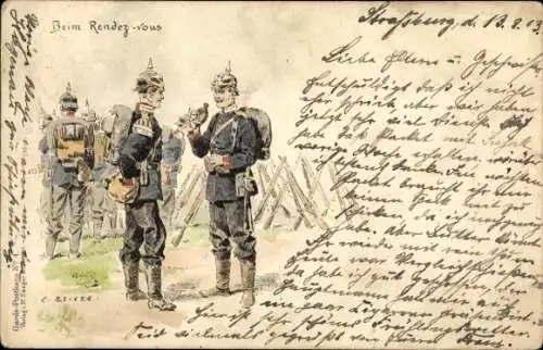 Künstler Litho Deutsche Soldaten in Uniformen, Marsch, Gespräch