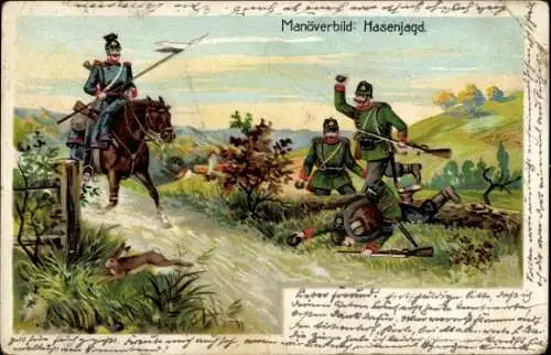 Litho Manöverbild, Hasenjagd, Deutscher Kriegerbund