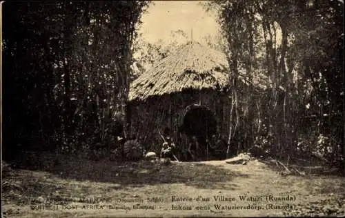 Ganzsachen Ak Ruanda, Eingang zu einem Watuzi-Dorf