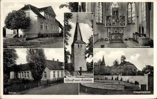 Ak Lünern Unna Westfalen, Evangelische Kirche, Kriegerdenkmal, Schule, Gemeindehaus