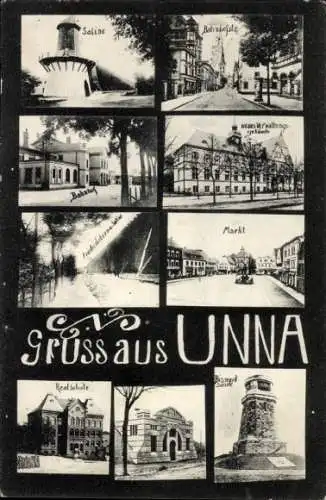 Ak Unna in Westfalen, Markt, Realschule, Bismarcksäule, Bahnhof, Bahnhofstraße