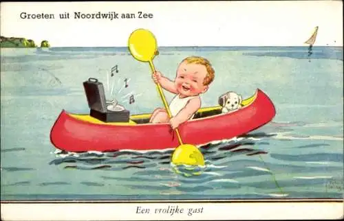 Künstler Ak Wills, John, Junge im Kanu, Plattenspieler, Hund