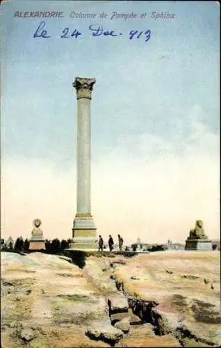 Ak Alexandria, Ägypten, Pompeiussäule und Sphinx