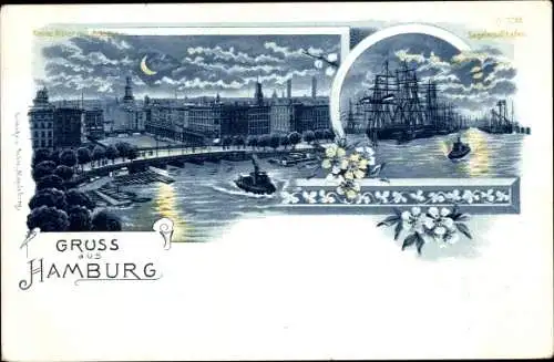 Mondschein Litho Hamburg, Segelschiffhafen, Kleine Alster, Arkaden