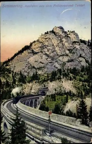 Ak Semmering in Niederösterreich, Ausfahrt aus dem Polleroswand-Tunnel, Dampflok