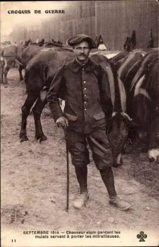 Ak-Kriegsskizze, Alpenjäger, der die Maultiere bewacht, September 1914