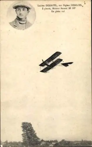 Ak Lucien Demazel, auf Demazel-Doppeldecker, Anzani-Motor