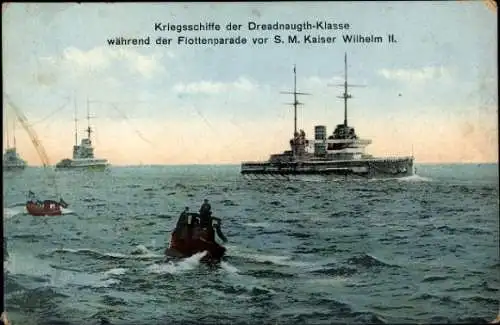 Ak Deutsche Kriegsschiffe der Dreadnaught-Klasse, Flottenparade vor Kaiser Wilhelm II.