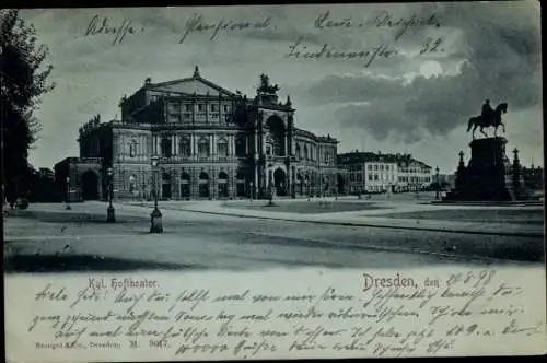 Mondschein Ak Dresden Altstadt, Königliches Hoftheater, Denkmal