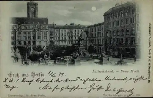 Mondschein Ak Berlin Mitte, Lutherdenkmal, Neuer Markt