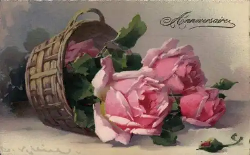 Künstler Ak Klein, Catharina, Glückwunsch, rosafarbene Rosen, Korb