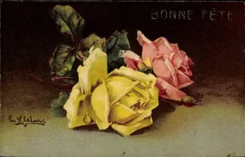 Künstler Litho Klein, Catharina, Rosa und gelbe Rosen