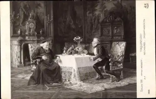 Künstler Ak Weber, Alfred, Neckerei, Mann bläst Zigarrenrauch auf einen Affen