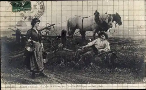 Künstler Ak Bauern am Feldrand, Pferdepflug