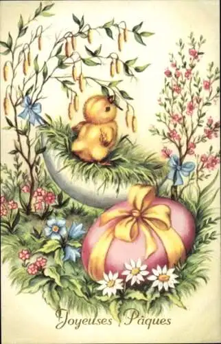 Ak Glückwunsch Ostern, Küken im Nest, Osterei, Blumen