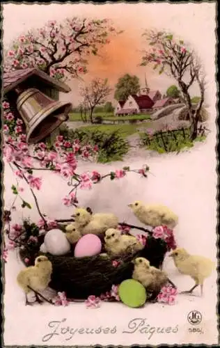Ak Glückwunsch Ostern, Küken und Ostereier im Nest, Glocke