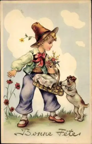 Ak Glückwunsch Geburtstag, Junge mit Korb und Blumen, Hund