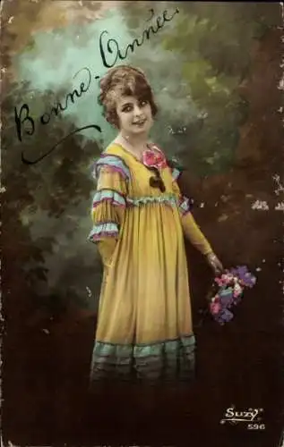 Ak Glückwunsch Neujahr, Frau in einem bunten Kleid