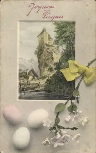 Passepartout Ak Glückwunsch Ostern, Landschaft mit einer Burg, Ostereier