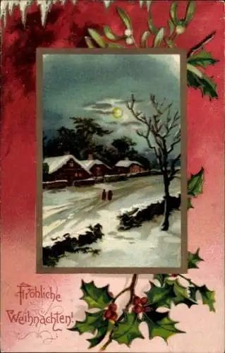Passepartout Ak Glückwunsch Weihnachten, Winterlandschaft bei Nacht, Stechpalmenzweige, Misteln