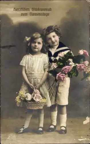 Ak Glückwunsch Namenstag, Junge und Mädchen mit Blumen