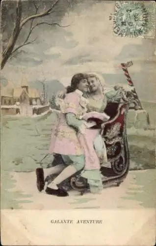 Ak Liebespaar auf einem Schlitten