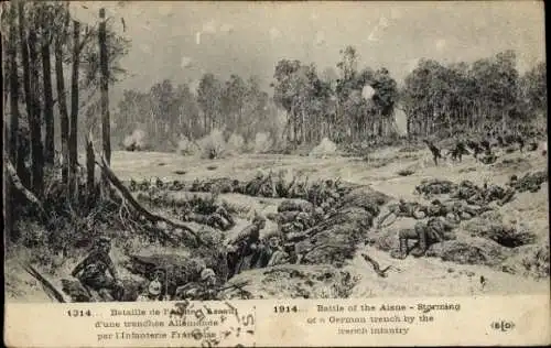CP Battle of the Aisne, Storming of the German trench by the french infantry, 1914