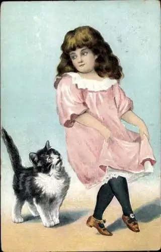 Ak Tanzendes Mädchen und schwarz-weiße Katze