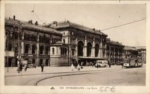 Ak Straßburg Elsass Bas Rhin, Bahnhof, Vorplatz, Bus, Straßenbahn