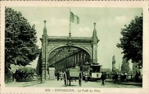 Ak Straßburg Elsass Bas Rhin, Rheinbrücke, Straßenbahn