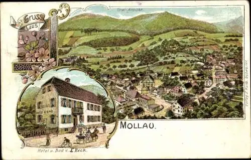 Litho Mollau Elsass Haut Rhin, Totalansicht, Hotel und Bad
