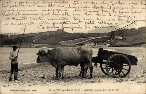 Ak Saint Jean de Luz Pyrénées Atlantiques, baskische Kutsche in Meeresnähe