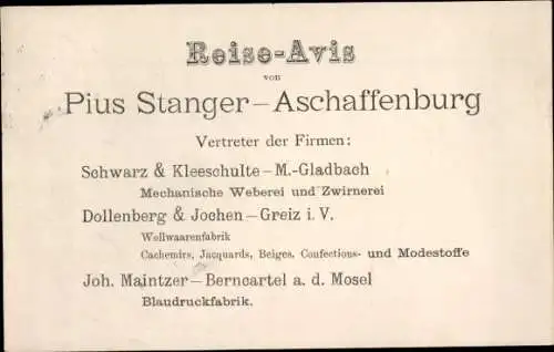 Ak Aschaffenburg, Reise-Avis Pius Stanger, Vetreter der Firmen Schwarz und Kleeschulte