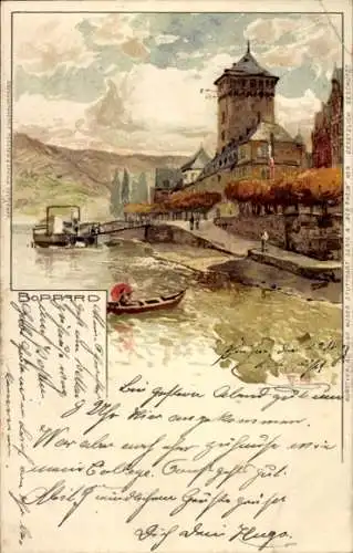 Künstler Litho Boppard am Rhein, Teilansicht, Bootspartie