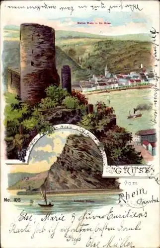 Litho St. Goarshausen am Rhein, Loreleyfelsen, Ruine Katz, Blick auf den Ort